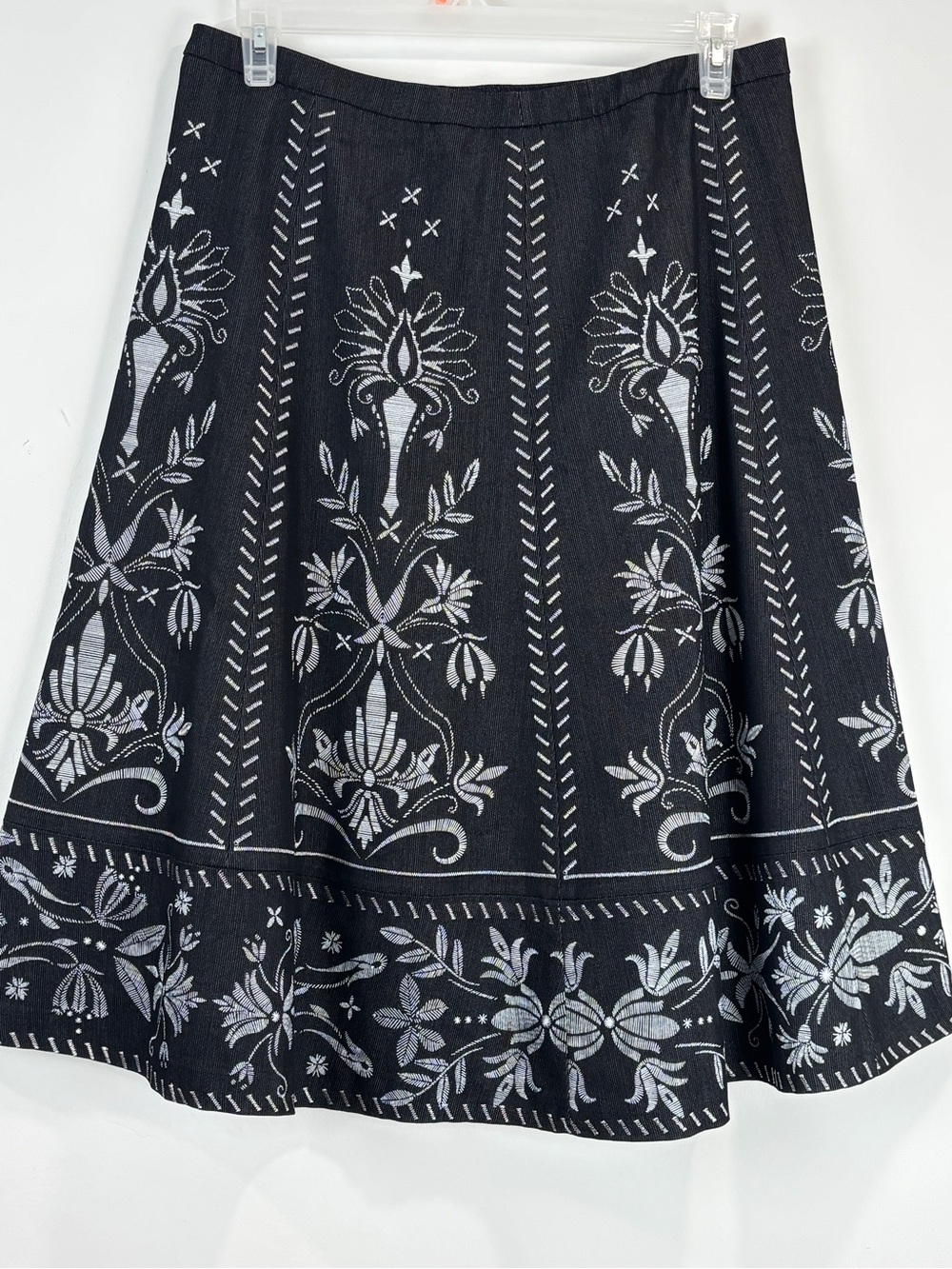 Lanalee Charcoal Grey & White Floral Embroidered Print A-Line Midi Skirt 12
